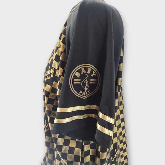 Baby Phat Jersey Women's 3XL Gold/Black Checkered Button Down Short Sleeve Y2K - Picture 3 of 7